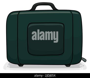 View of green dark suitcase, ready to travel with it. Design in cartoon style, isolated over white background. Stock Vector