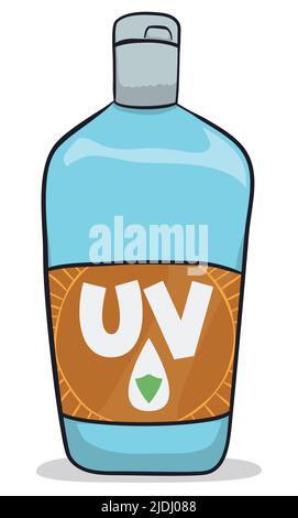 View of protective UV lotion in a bottle with label announcing a high factor protection, to use it during summertime. Design in cartoon style. Stock Vector