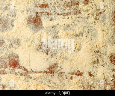 Carpenter tools on wooden table with sawdust. Carpenter workplace top view Stock Photo