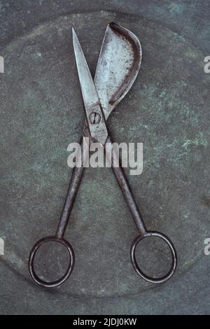 Antique steel scissors for trimming candle wicks lying on tarnished metal plate Stock Photo