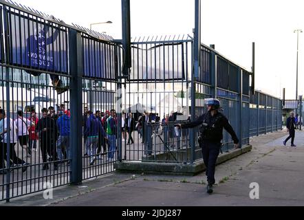 File photo dated 28-05-2022 of Police using pepper spray against fans outside the ground as the kick off is delayed before the UEFA Champions League Final at the Stade de France, Paris. Liverpool fan Ted Morris has described the scene at the Stade de France before the Champions League final as 'chaotic'. Issue date: Tuesday June 21, 2022. Stock Photo