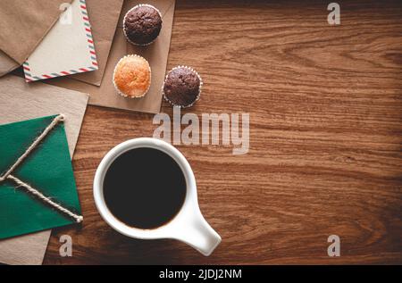 Vintage composition with envelopes on wooden background, flat lay. Stock Photo