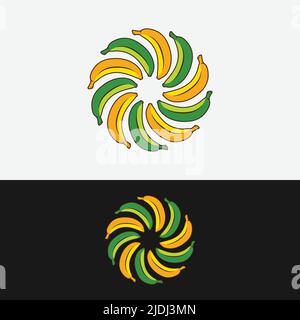 Yellow Green Bananas Sun or Aperture Camera Logo Design Template. Suitable for Fruit Shops, Supermarkets, Severage Brands, or Photography Studios. Stock Vector