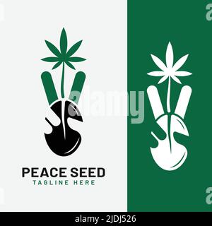Cannabis Weed Seed with Two Finger Peace Logo Design Template. Suitable for Cannabis Farms, Marijuana Farms, Weed Brands, Hemp Smoke Shops, Etc. Stock Vector