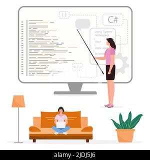 Vector illustration Programming languages learning. Software coding courses, website development class, script writing. IT programmers. Training Dista Stock Vector