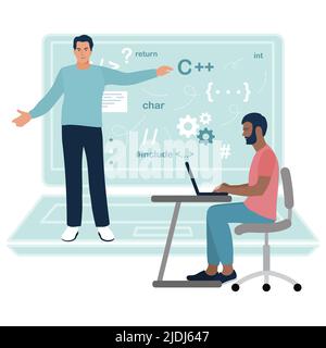 Vector illustration Programming languages learning. Software coding courses, website development class, script writing. IT programmers. Training Dista Stock Vector