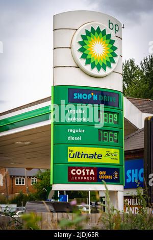 BP Petrol Station Price Board showing high fuel costs Stock Photo