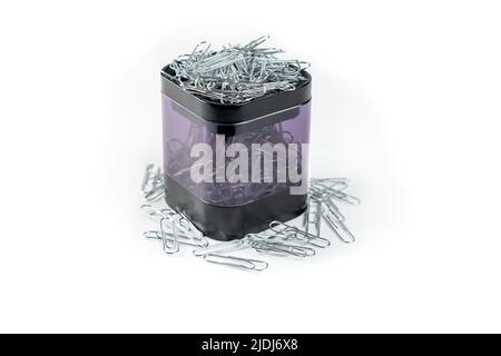 Container for clips in black and transparent color on isolated white background. Stock Photo