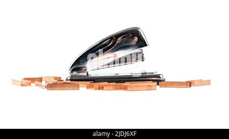 Silhouette of metal stapler with staples on isolated white background. Stock Photo