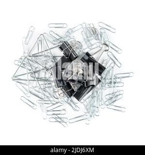 Set of clips and clamps of different sizes to hold sheets of paper, isolated on white background. Stock Photo