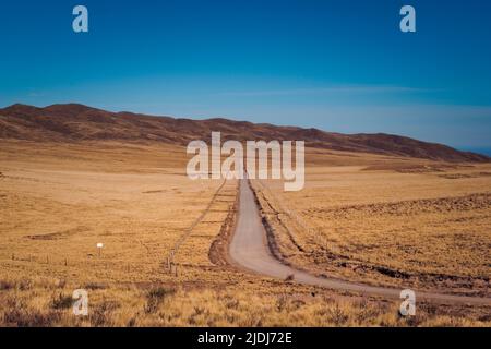 Empty dirt road across an arid steppe near Tupungato, province of Mendoza, Argentina. Stock Photo