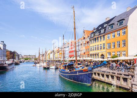 An old fishing boat 'Wotan' moored at Nyhavn, the colourful 17th-century canal waterfront in Copenhagen, Denmark. Stock Photo