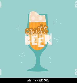 Craft beer lettering. Flat vector illustration of a beer glass. Logo for a small brewery or beer festival. Stock Vector
