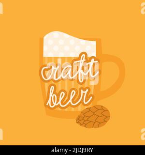Craft beer lettering. Flat vector illustration of a beer mug and hops. Design for a small brewery or beer festival. Yellow background. Stock Vector