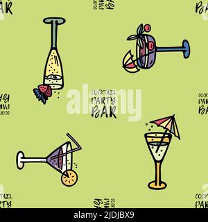Pattern with cocktails with lettering Cocktail party bar. Drinks with ice, fruits, berries, alcohol on a green background. Stock Vector