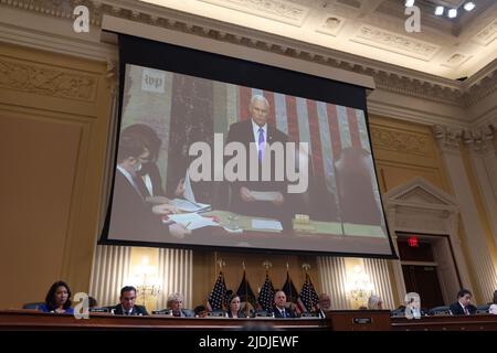 Washington, United States. 21st June, 2022. An image of former Vice President Mike Pence is shown as the House select committee investigating the Jan. 6 attack on the U.S. Capitol holds a public hearing to discuss its findings of a year-long investigation, on Capitol Hill in Washington, DC on Tuesday, June 21, 2022. Photo by Tasos Katopodis/UPI Credit: UPI/Alamy Live News Stock Photo