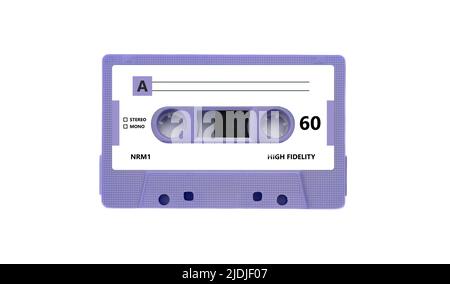 Vintage music and sound, retro 80s song. Audio cassette tape purple color isolated on white background. Stock Photo