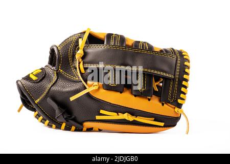 Baseball black and yellow glove isolated on white background Stock Photo
