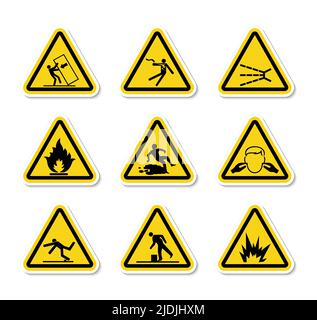 Triangular Warning Hazard Symbols labels On White Background Stock Vector