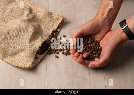 Coffee beans cupped in hand up close spilling from a hessian bag on a light wood background Stock Photo
