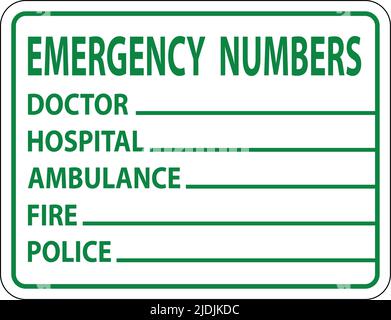 Emergency Phone Numbers Label Sign on white background Stock Vector