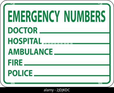 Emergency Phone Numbers Label Sign on white background Stock Vector
