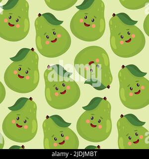 Seamless print of cute cartoon pear character. Design for wrapping paper, children s print clothes, fabrics. Stock Vector
