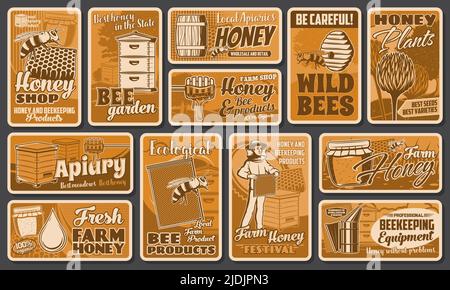 Honey beekeeping and apiary farm vector retro posters with beekeeper hives and bee honeycombs. Apiary farm shop, beekeeper food festival, wild bees warning sign and flower honey plants Stock Vector