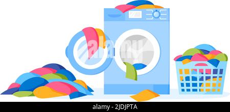 Pile of dirty clothes on floor and in laundry basket. Washing machine and liquid detergent bottle. Heap of dirty cloth. Stack of dirty apparel on Stock Vector