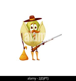 Cartoon pistachio nut bandit character. Vector wild west gangster with rifle and loot, book or game personage. Robber or ranger in cowboy hat with weapon and money sack. Western kernel hero with gun Stock Vector