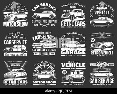 Retro car vector icons of auto repair service, vehicle museum and motor show. Vintage automobiles with spare parts, engine pistons, mechanic spanners and wrenches, spark plugs and suspension springs Stock Vector