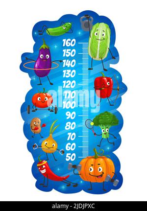 Kids height chart cartoon vegetables on fitness growth meter. Vector ruler scale with cucumber, chinese cabbage, eggplant and tomato with bell pepper. Onion, potato, broccoli and chili with pumpkin Stock Vector