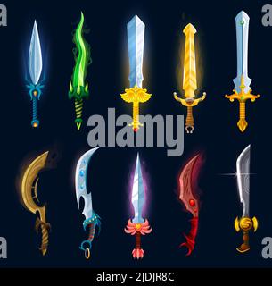 Medieval fantasy magic blades, swords, axes, daggers and sabres. Cartoon knight weapon icons game asset. Vector magical swords and knives with gemstones, claws and fangs on hilts, ui or gui design Stock Vector