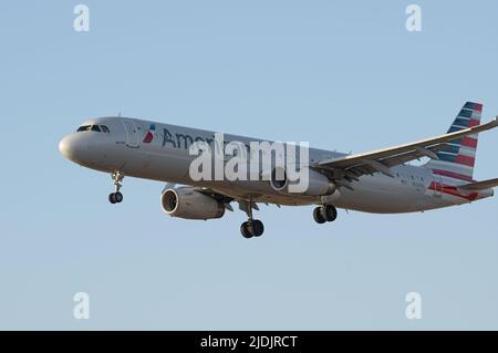 American Airlines Airbus A321-231 jet with registration N108NN arriving at LAX, Los Angeles, California, USA on May 8, 2022. Stock Photo