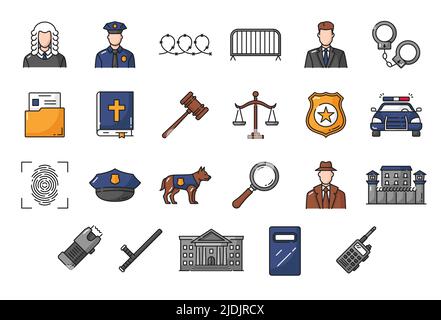 Justice, legal service and police, court law and lawyer, vector outline icons. Line symbols of police officer and badge, jail and judge gavel, handcuffs and fingerprint with detective magnifier Stock Vector
