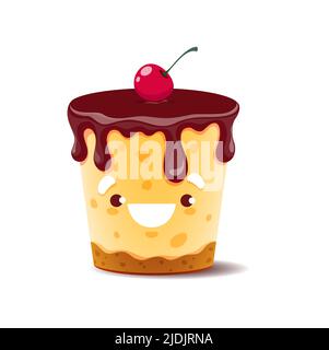 Cartoon cake character with chocolate cream and cherry on top. Isolated vector kawaii pie dessert with dripping choco sauce. Confectionery personage for fast food cafe, kids menu bakery, patisserie Stock Vector