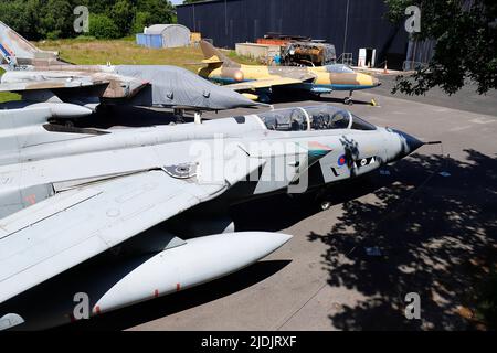 A GR4 Tornado XZ631 with other aircraft exhibits at Yorkshire Air Museum in Elvington,North Yorkshire Stock Photo