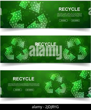 Set of three Recycle horizontal banners. Horizontal illustration for homepage design. Waste recycling low poly symbols with connected dots Stock Vector