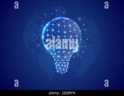 Light bulb 3d low poly symbol with blue world map background. Idea concept design vector illustration. Innovation polygonal symbol with connected dots Stock Vector