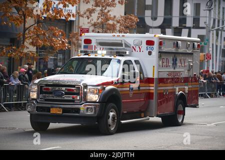 Manhattan, New York,USA - November 11. 2019: FDNY Ambulance on Fifth Avenue at the Veterans Day Parade in NYC. Stock Photo