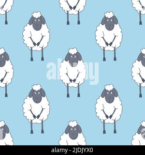 Vector Seamless Pattern with Funny Cute Sheeps on Blue Background. Cartoon Sheeps Seamless Texture, Textile, Wallpaper Design Stock Vector