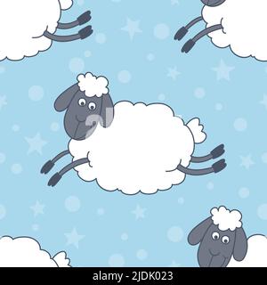 Vector Seamless Pattern with Funny Cute Flying Sheeps on Blue Background. Cartoon Sheeps Seamless Texture, Textile, Wallpaper Design Stock Vector