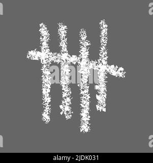 White chalk drawn tally mark isolated on gray background. Four hand drawn sticks crossed out by slash line. Day counting stripes on chalkboard. Unary numeral system sign. Vector realistic illustration Stock Vector