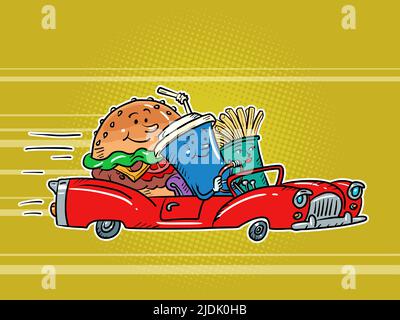 Road restaurant, fast food characters burger drink cola and french fries friends driving car Stock Vector