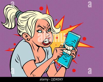 The mobile phone bit the woman's finger. Beautiful girl uses a smartphone, touchscreen phone screen Stock Vector