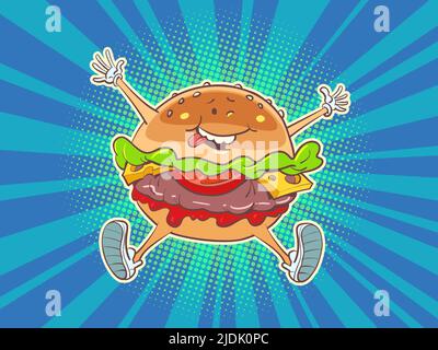 Joyful cheerful burger, fast food character. street restaurant Stock Vector