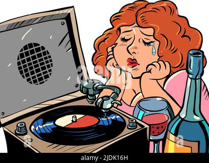 Sad red-haired woman listens to music on the gramophone and drinks wine. Lonely evening. Plate Stock Vector