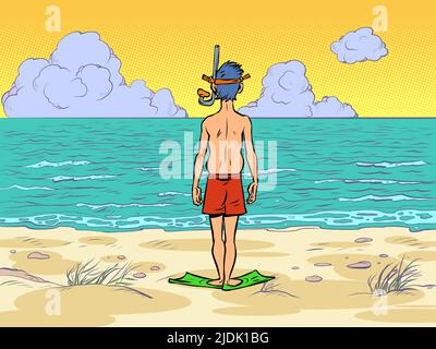 a man in a scuba mask is preparing to dive, standing on the seashore of the ocean by the water Stock Vector
