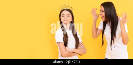 Mother and daughter child banner, copy space, isolated background. mother raise naughty daughter. childhood and motherhood. Stock Photo
