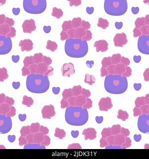 Pink roses in blue vases, seamless pattern Stock Vector